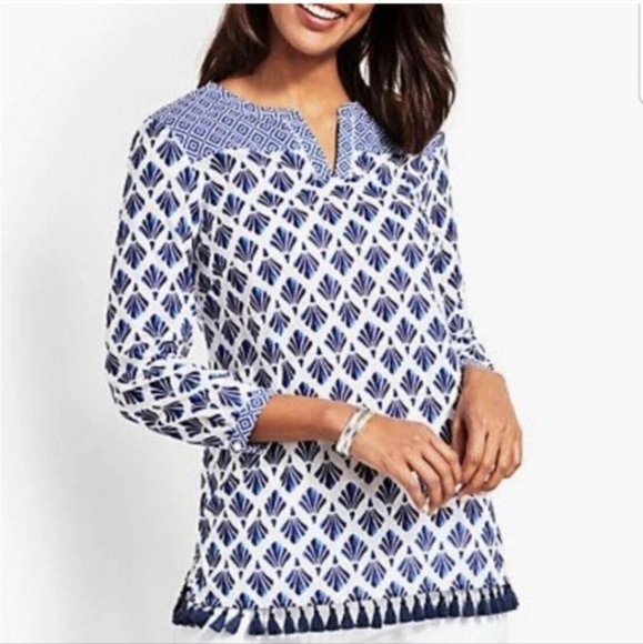 Talbots Tops - Talbots NWT Tassel Fringe Printed Boho‎ Seashell Tunic in Blue and White Size XS